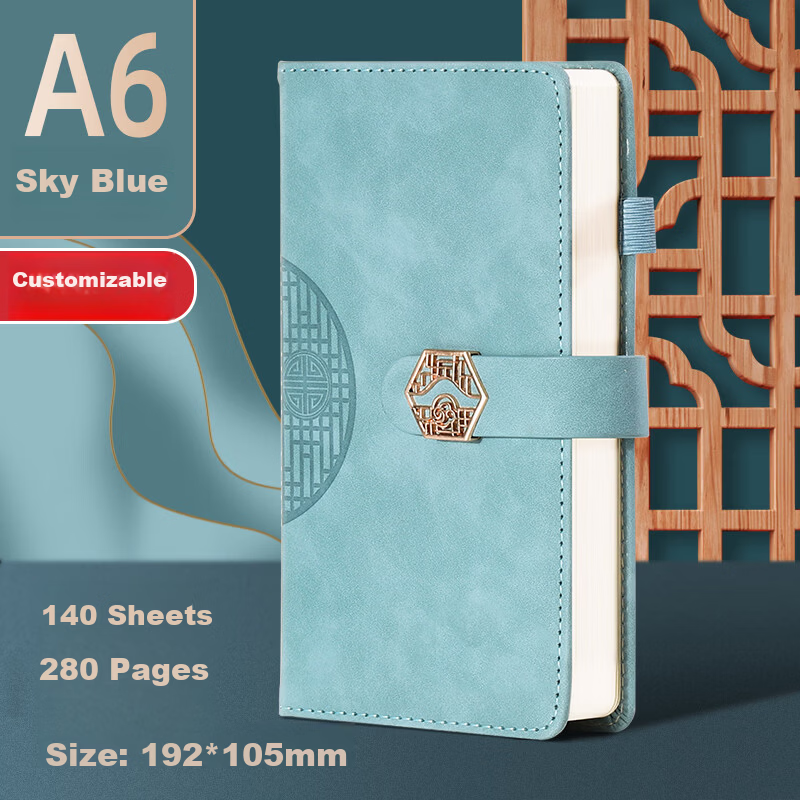 SHEN SHI A6 Chinese Style Trend Notebook 140 Sheets/280 Pages Window Flower Buckle High-Value Journal Diary Homework Record Book Custom Logo Available Sky Blue 1 Piece
