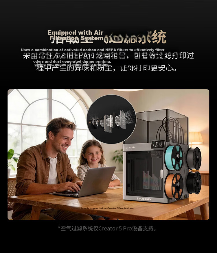 FlashForge Creator5 Pro 3D Printer Home C5Pro Wolverine 4 Nozzle 5x Efficiency Multi-Color FDM 3D Printing Zero Waste Chamber Heated Air Filtration 6