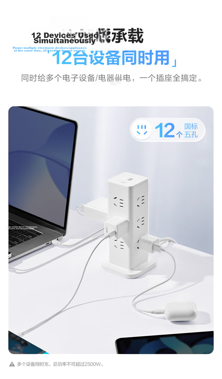 BULL Vertical USB Overload Protection Power Strip/Extension Cord/Power Board/Surge Protector, 12 Outlets with Master Switch + 2A2C, Total Length 1.8 Meters, GNV-UL1012U, White 2