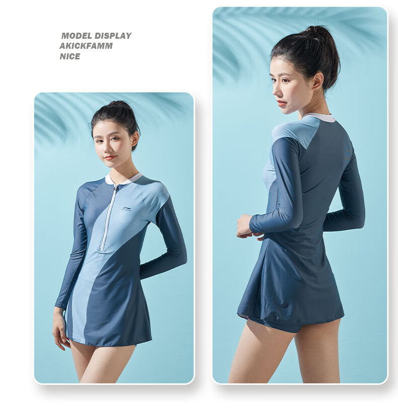 Li-Ning Women's One-Piece Swimsuit with Long Sleeves And Skirt, Color Block Design, High Elasticity, Breathable, Suitable for Hot Springs And Vacation, Swimwear 026 Black And White XXL 12