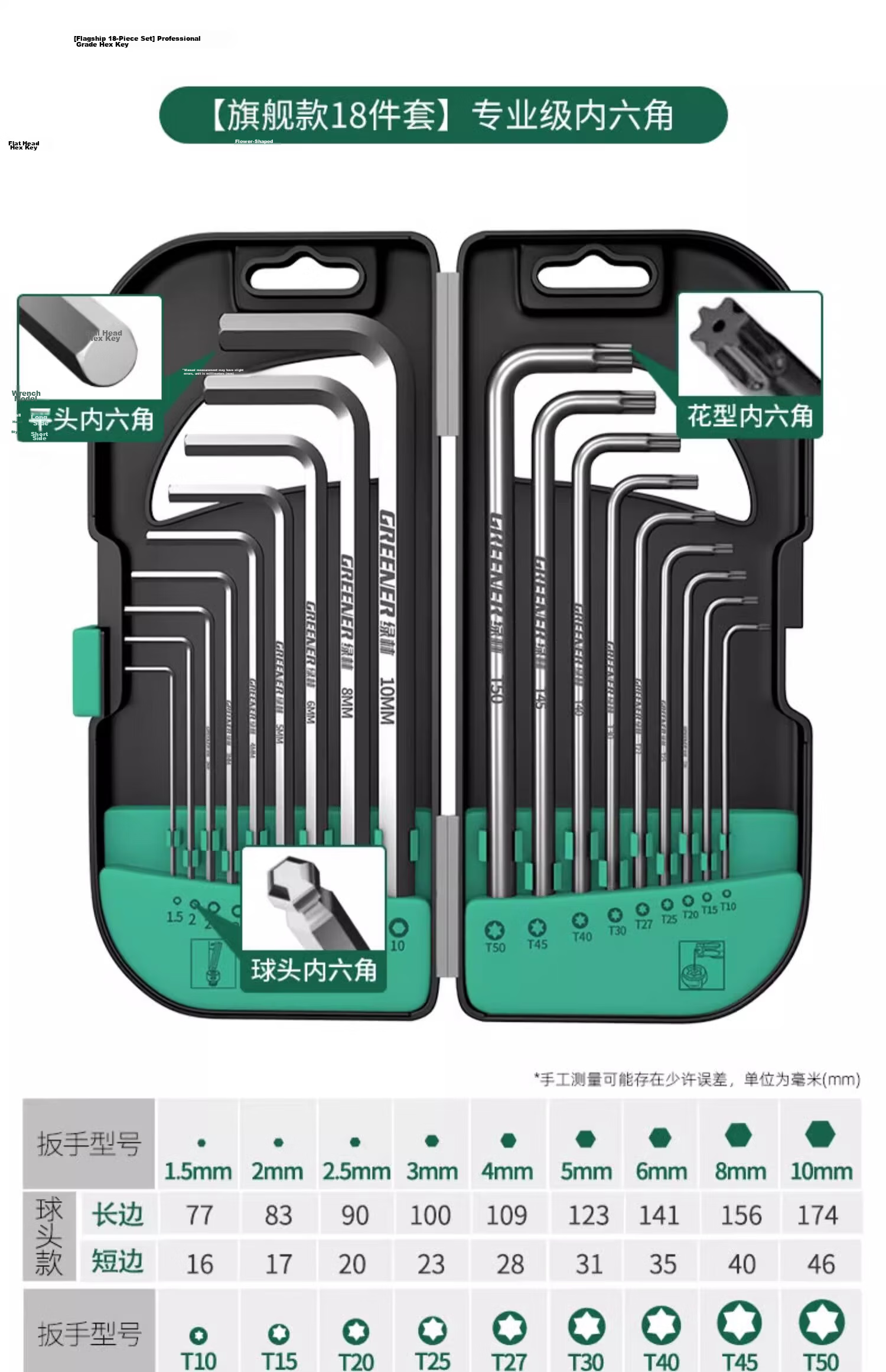 GREENER Hex Key Wrench Set T-Handle Hexagon Screwdriver Extended Home Use 13