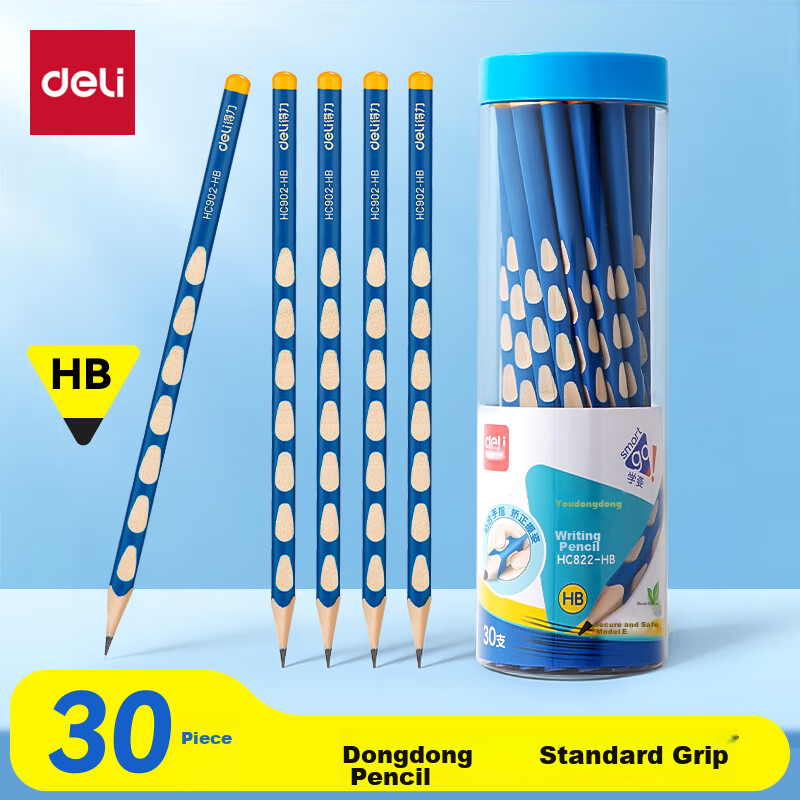 Deli Hole Pencil 30pcs HB Triangular Grip Easy Hold Children's Writing Drawing Coloring Posture Correction Student Practice Pencil HC822-HB Back to School Stationery