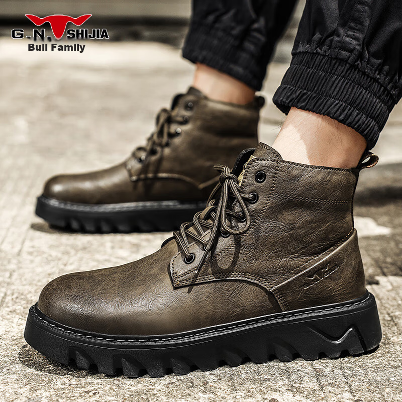 G.N.Shi Jia Men's Autumn Winter New Retro British Style Martin Boots Trendy Versatile Men's Work Boots Outdoor Motorcycle Leather Boots