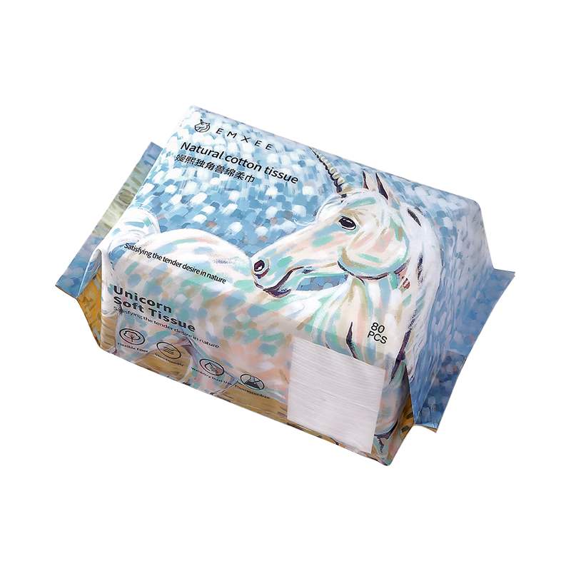 EMXEE Unicorn Soft Cotton Facial Wipes Baby Safe Disposable Dry and Wet Dual-Use Hand and Mouth Cleaning 80 Sheets * 4 Packs