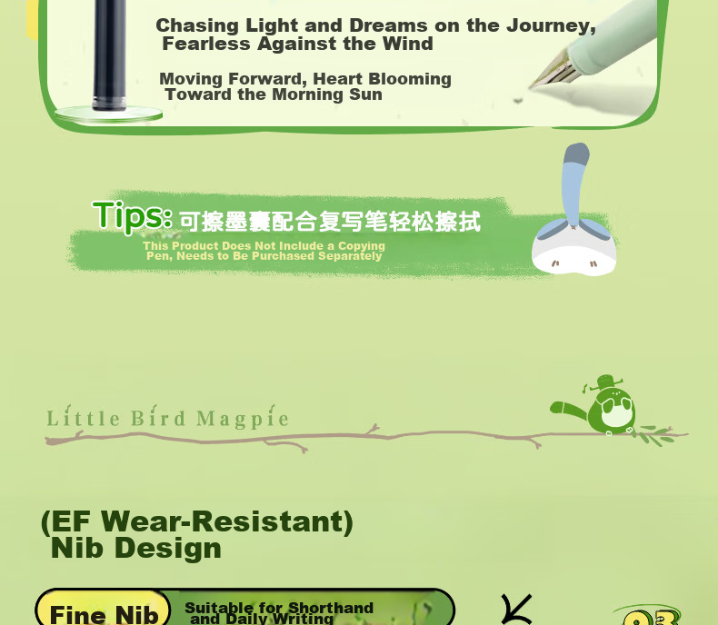 M&G Stationery Little Magpie EF Nib Fountain Pen Set (1 Fountain Pen + 2 Erasable Pure Blue Ink Cartridges, 3.4mm) Student School Writing Pen HAFP1759 Light Green 9
