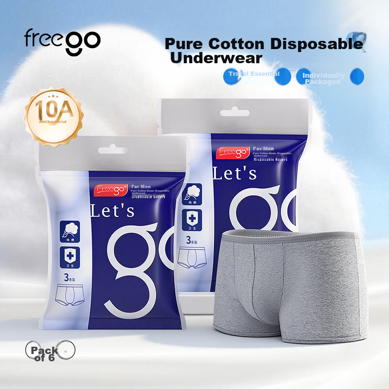 Freego Pure Cotton Disposable Boxer Briefs for Men, Sterilized, No-Wash, Travel and Business Use, Mixed Colors, 6-Pack, 4XL