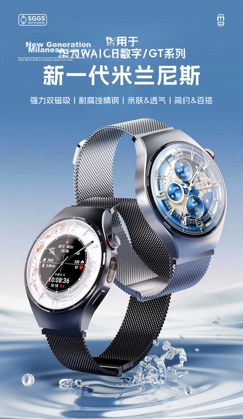 SGGS Upgraded Dual Magnetic Milanese Loop Strap for Huawei Watch GT6/6 Pro/GT5/5 Pro/GT4/Watch5 Black 46/48mm 3