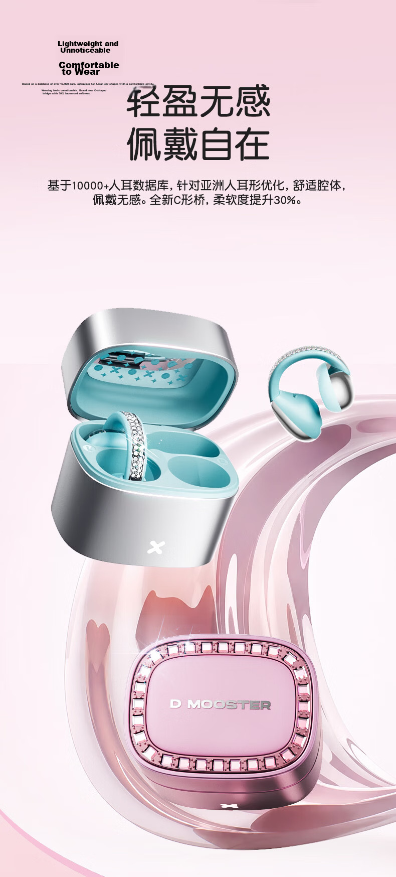 Elephant Trunk [High-Value Flowing Crystal Diamond] 2026 Latest Dual-Mode AI Translation Monster Wireless Bluetooth Earphones Ear-Hook Clip-On Call Noise Cancelling Ultra-Long Battery D101 Blue 10
