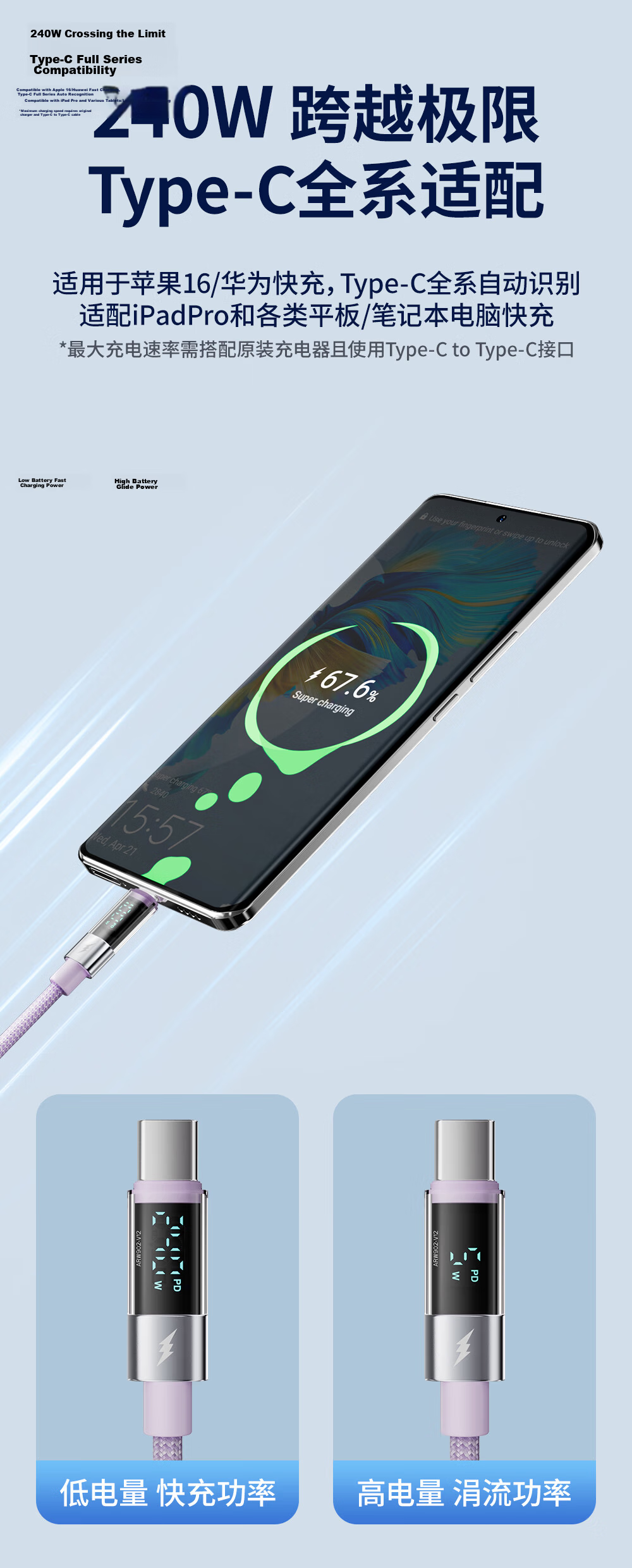 Beimo Smart Digital Display Braided Data Cable Type-C to Lightning Charging Cable 27W Fast Charge Compatible with Apple 8-14 1.2m Blue 2
