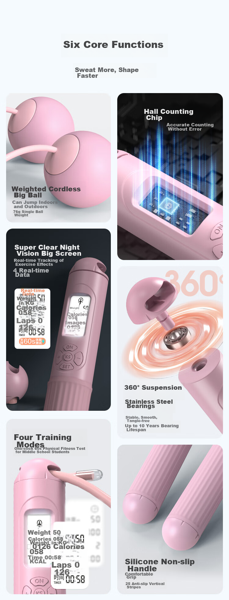JD Original, Large Ball Ropeless Jump Rope, Adult Counting Weighted Weight Loss Children Primary And Secondary School Students Exam Steel Wire Speed Competition, Pink 4