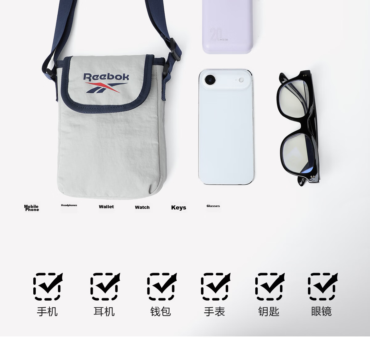 Reebok Fashion Single Shoulder Crossbody Phone Bag Portable Lightweight Storage Pouch Outdoor Sports Cycling Commuting Mini Small Bag 13