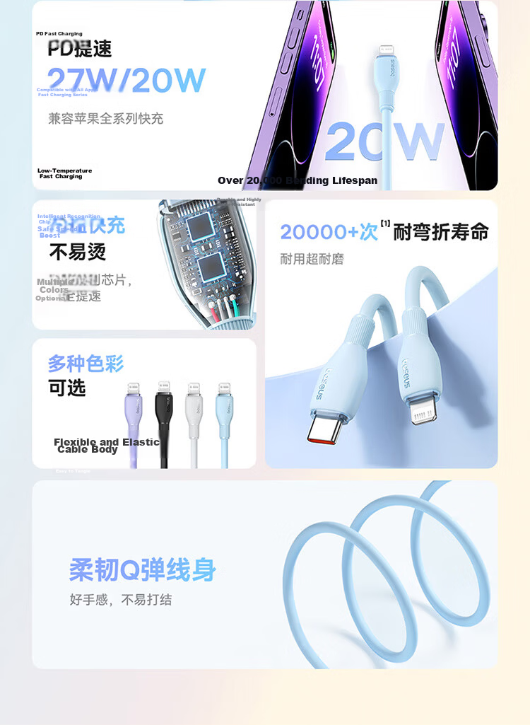 Baseus Apple Data Cable PD20W Fast Charging Type-C to Lightning Cable for iPhone 14/13 Pro Max/12 Car Charger 1m Starlight White 2