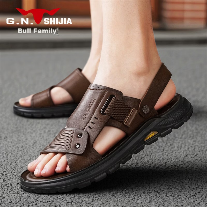 Bull Family Men's Leather Summer Sandals New Genuine Leather Thick Sole Beach Shoes Outdoor Dual-Wear Casual Slippers Middle-Aged and Elderly Dad Shoes