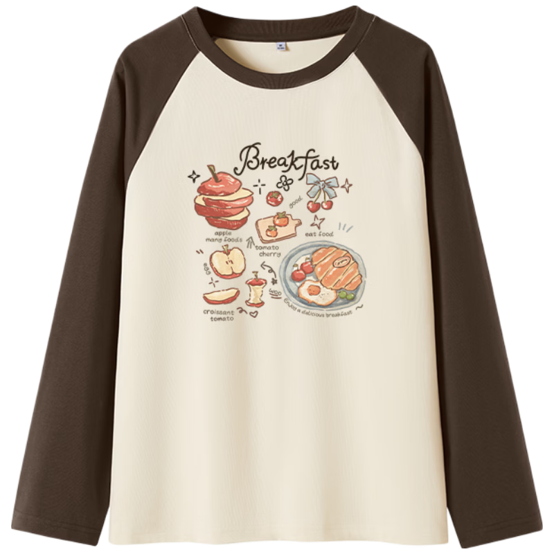 TonLion Women's Pure Cotton Long Sleeve T-Shirt Spring and Autumn New Heavyweight Color Block Loose Slim Trendy Base Shirt