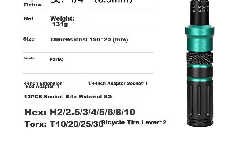 GREENER Torque Wrench Bicycle Home Set 1-15NM Road Bike Adjustable Torque Wrench 1/4 Mini Ratchet 11