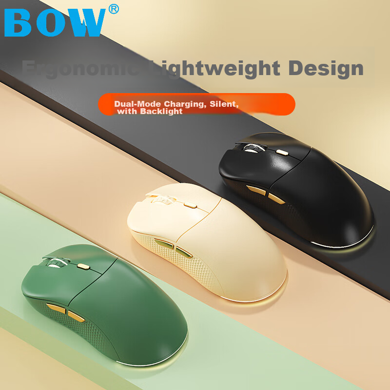 B.O.W Hangshi MD506L Wireless Bluetooth Dual-Mode Ergonomic Backlit Mouse for Desktop Laptop iPad Tablet Phone Office Silent Rechargeable Mouse Milk Tea Color