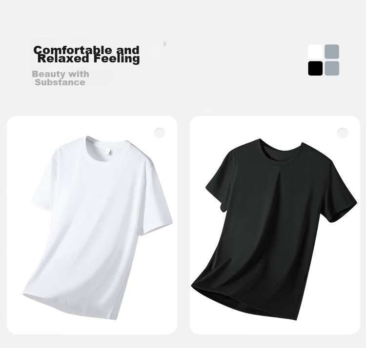 Comfortable and Cool 100% Cotton Men's Short Sleeve T-shirt Men's Ribbed Base Sweatshirt Loose Casual Sports Round Neck Top 6
