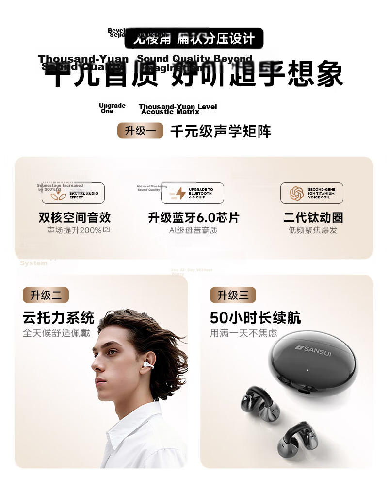 SANSUI 2026 New W133 Bluetooth Clip-On Bone Conduction Open-Ear Wireless Sports Running Gaming Noise-Cancelling Earphones for Apple - Snow White 9