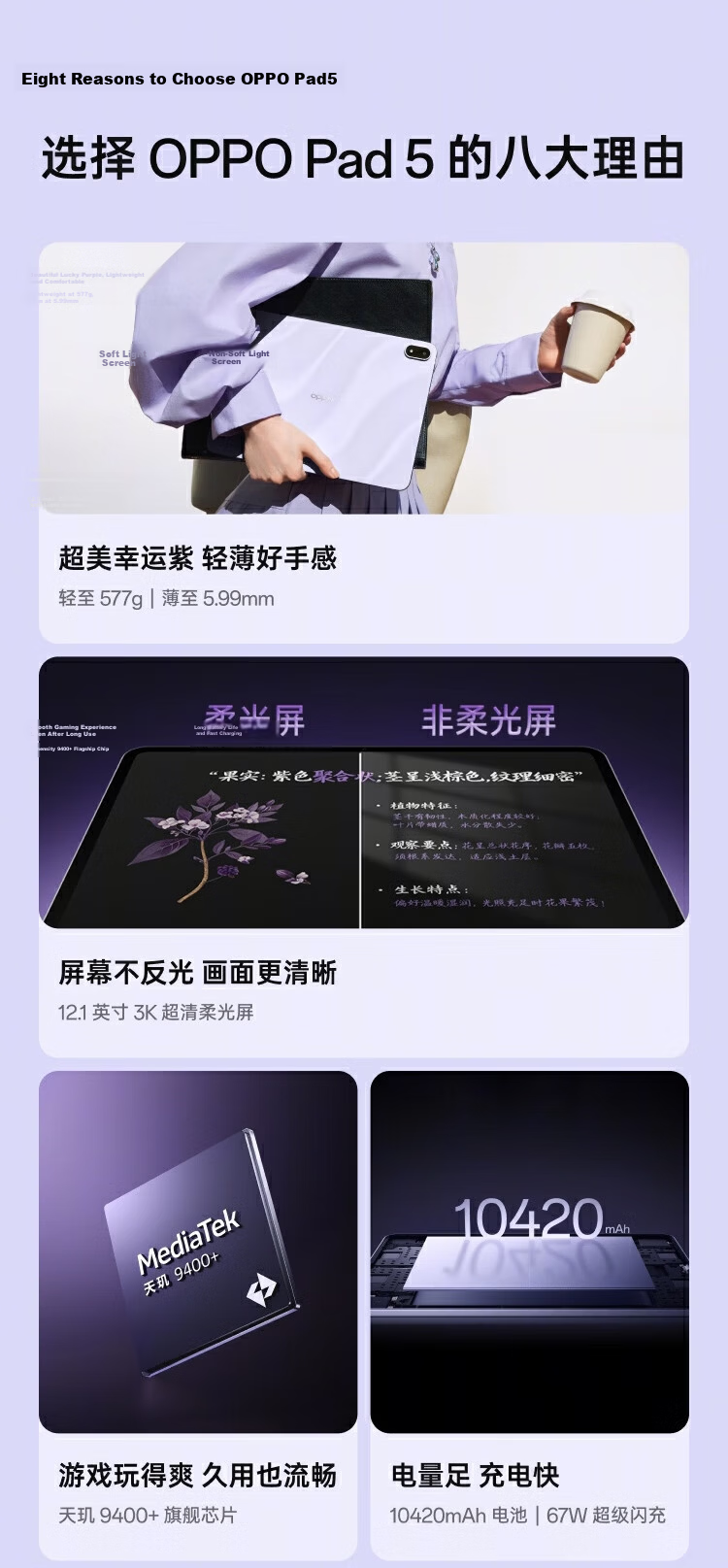 OPPO Pad 5 [Sun Yingsha's Same Tablet], Subsidized, 12.1-Inch Tablet Computer, Dimensity 9400+ Flagship Chip, 8GB+256GB, Lucky Purple, Soft Light Versio 2