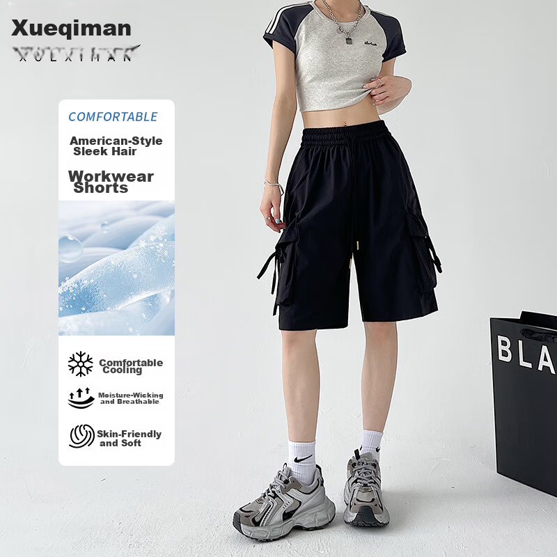 Xueqiman Large Pocket Workwear Shorts Women Summer 2026 New American Style Quick-Dry Ice Silk Cool Straight Sports Knee-Length Pants