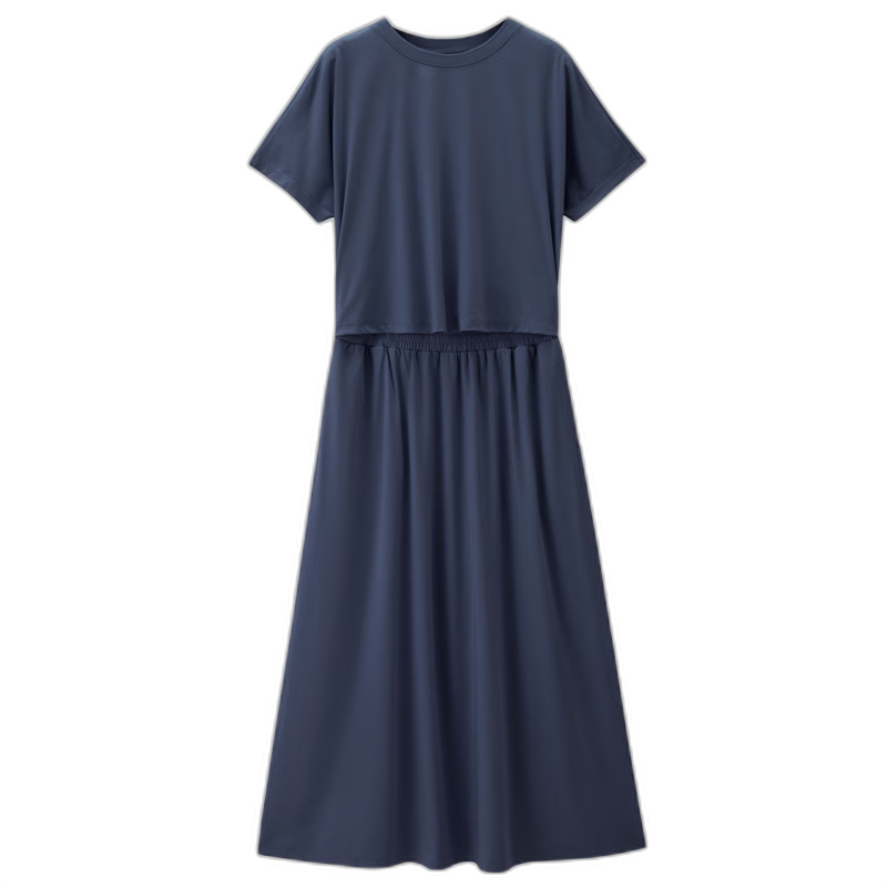 Giordano Minimalist Style Women's Summer New Fake Two-Piece Waist-Cinching Round Neck Short Sleeve Dress 05466457