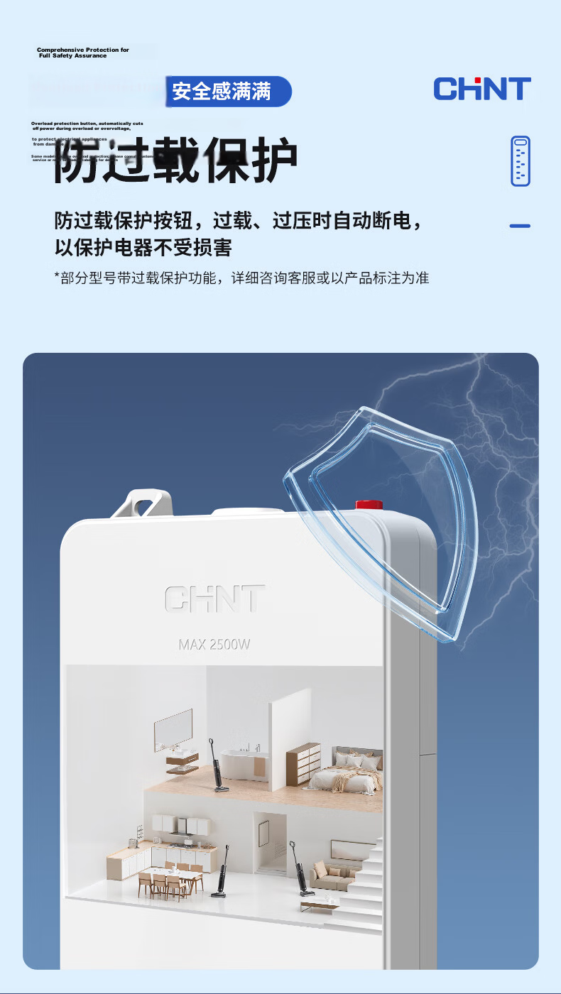 CHNT 16A High-Power Air Conditioner Socket with Switch Power Strip/Extension Cord/Power Bar/Line Board/Trailing Cord, 2 Outlets with Master Switch, Total Length 1.8 Meters 3