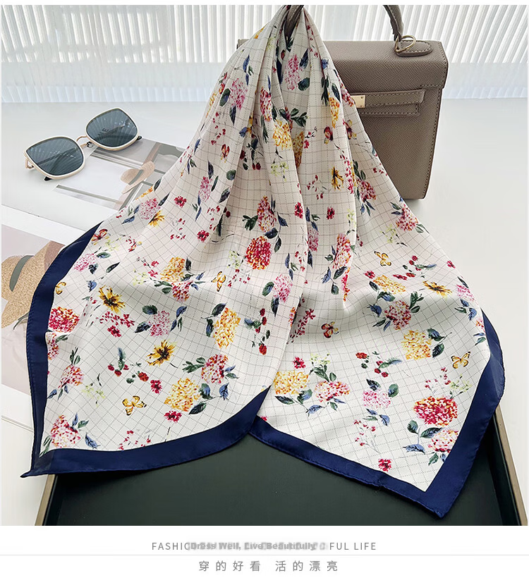 GLO-STORY Scarf and Scarf Buckle Set 70cm French Elegant Small Floral Print Square Scarf Gift Box 7