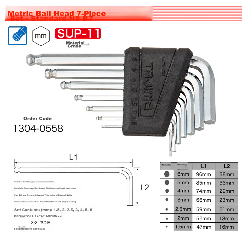 TAJIMA NS-B7 Metric Ball End Hex Key Set 7 Pieces 1304-0558 1
