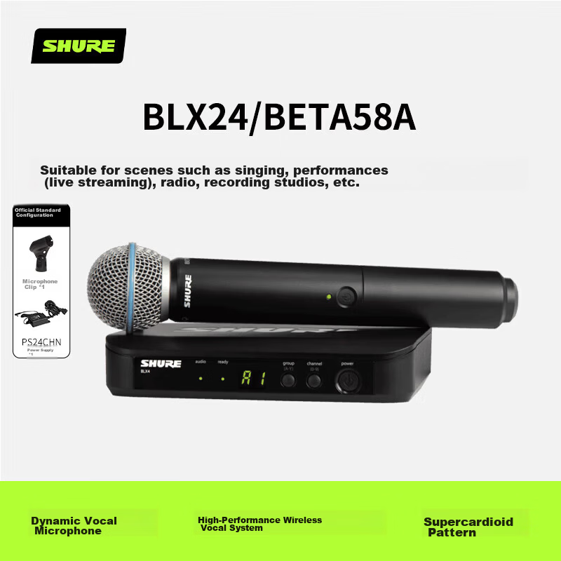 SHURE BLX24/BETA58A Dynamic Handheld Wireless Microphone System One Transmitter One Receiver Professional Karaoke Recording Live Outdoor Stage Performance Conference Microphone
