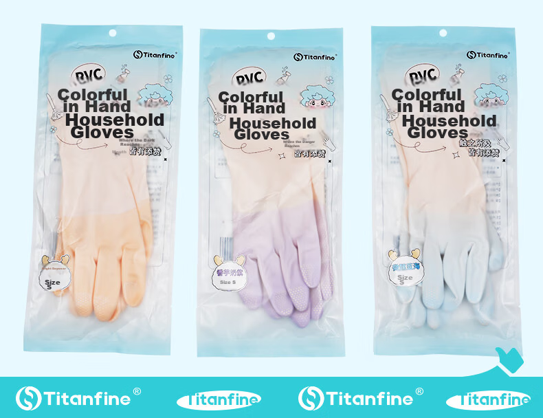 Titanfine PVC Two-Tone Dishwashing Gloves Pair Size S Household Kitchen Cleaning Thickened Waterproof Non-Slip Wear-Resistant Purple 11