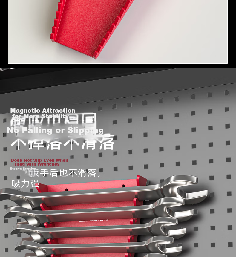 Wolvan 16-Slot Open-End Dual-Use Wrench Rack Magnetic Movable Storage Holder Quick Ratchet Spanner Organizer Strip 9