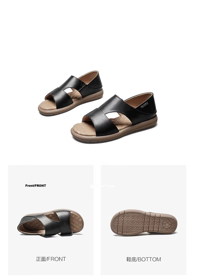 Eierkang Plus Size Women's Genuine Leather Soft Sole Mom Sandals Flat Comfortable Casual Sandals 27641W Black 42 12