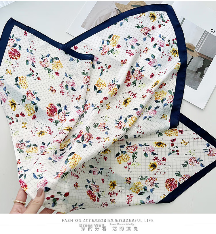 GLO-STORY Scarf and Scarf Buckle Set 70cm French Elegant Small Floral Print Square Scarf Gift Box 8