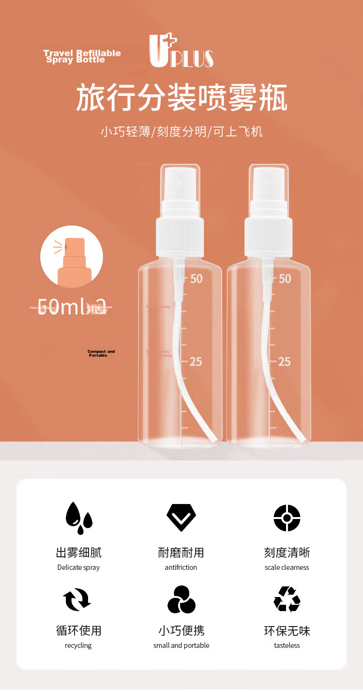 UPLUS Spray Bottle Travel Refillable Set, 2-Pack 80ml Alcohol Spray Bottles, Empty Bottles with Pump Dispenser 1