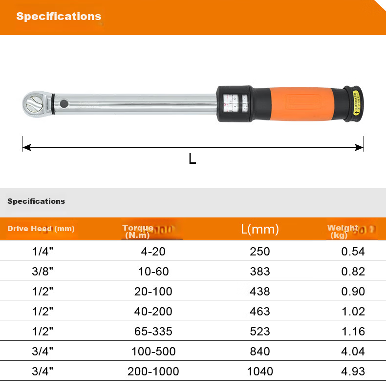 EVER POWER 1/2 Inch High Precision Industrial Adjustable Torque Wrench 65-335 N.m 7
