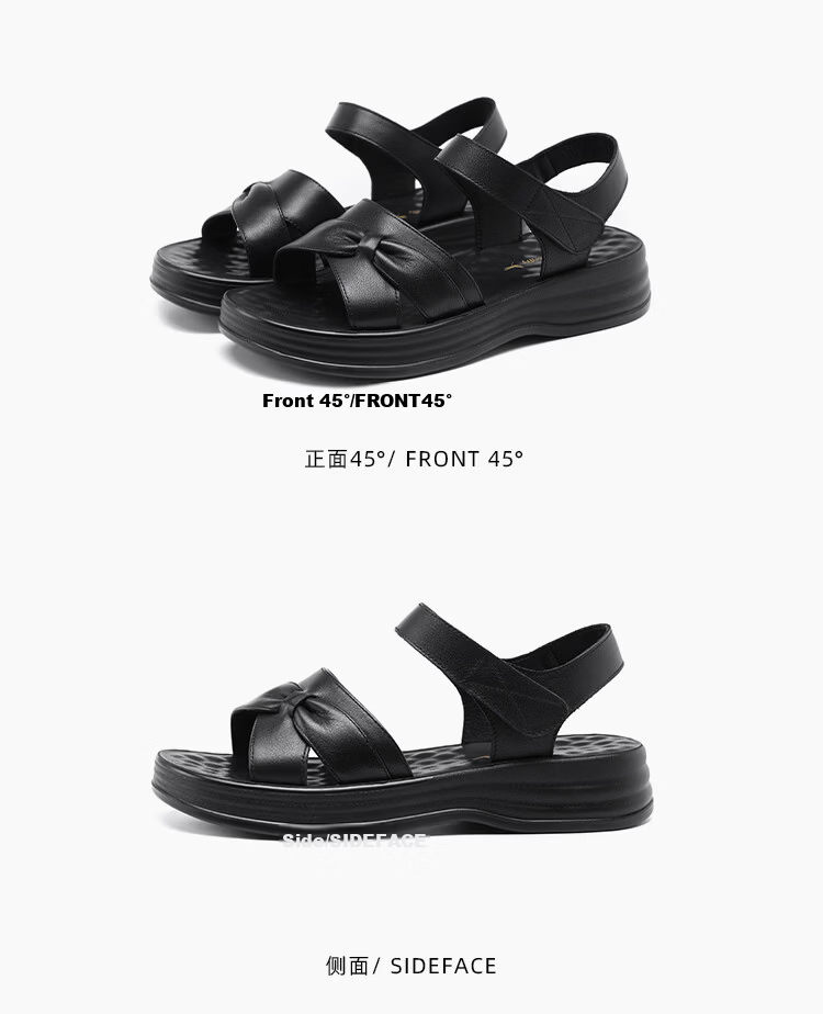 Red Dragonfly Women's Leather Velcro Sandals Soft Sole Wear-Resistant Casual Middle-Aged and Elderly Sandals WTK264921 Black Size 37 11