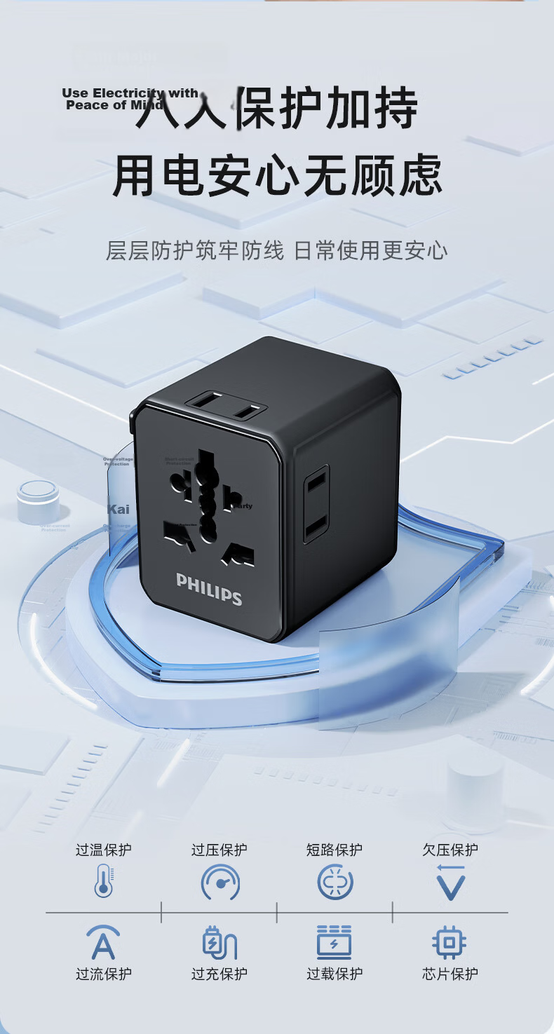 PHILIPS 17W International Travel Adapter Plug Converter Socket with USB Dual Outlet 2A 2C for UK Europe US Australia Germany Japan Singapore Hong Kong White 11