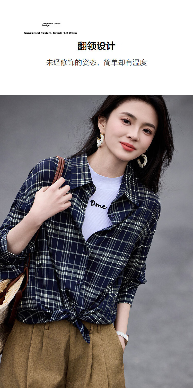 Demana [Stylish Everyday] Spring Vintage Lapel Plaid Drop Shoulder Loose Slimming Concealing Shirt for Women High-End Feel 7