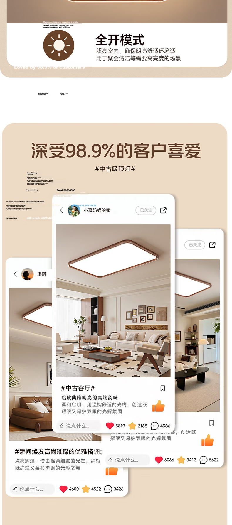 HP Ceiling Light Full Spectrum Cree Eye Protection Living Room Lamp Vintage Walnut Whole House Lighting Set Morning Light 19