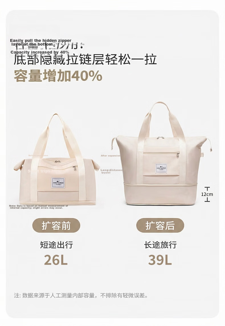 Warrior Women's Large Capacity Handbag Travel Bag Expandable Luggage Bag for Short Trips Business Travel Storage Bag 10