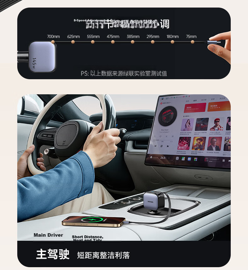 UGREEN Car Charger Super Fast Charging Cigarette Lighter Adapter 145W with Retractable Data Cable Laptop Charging 45W/100W PPS Compatible with Apple 17 Huawei Xiaomi 10