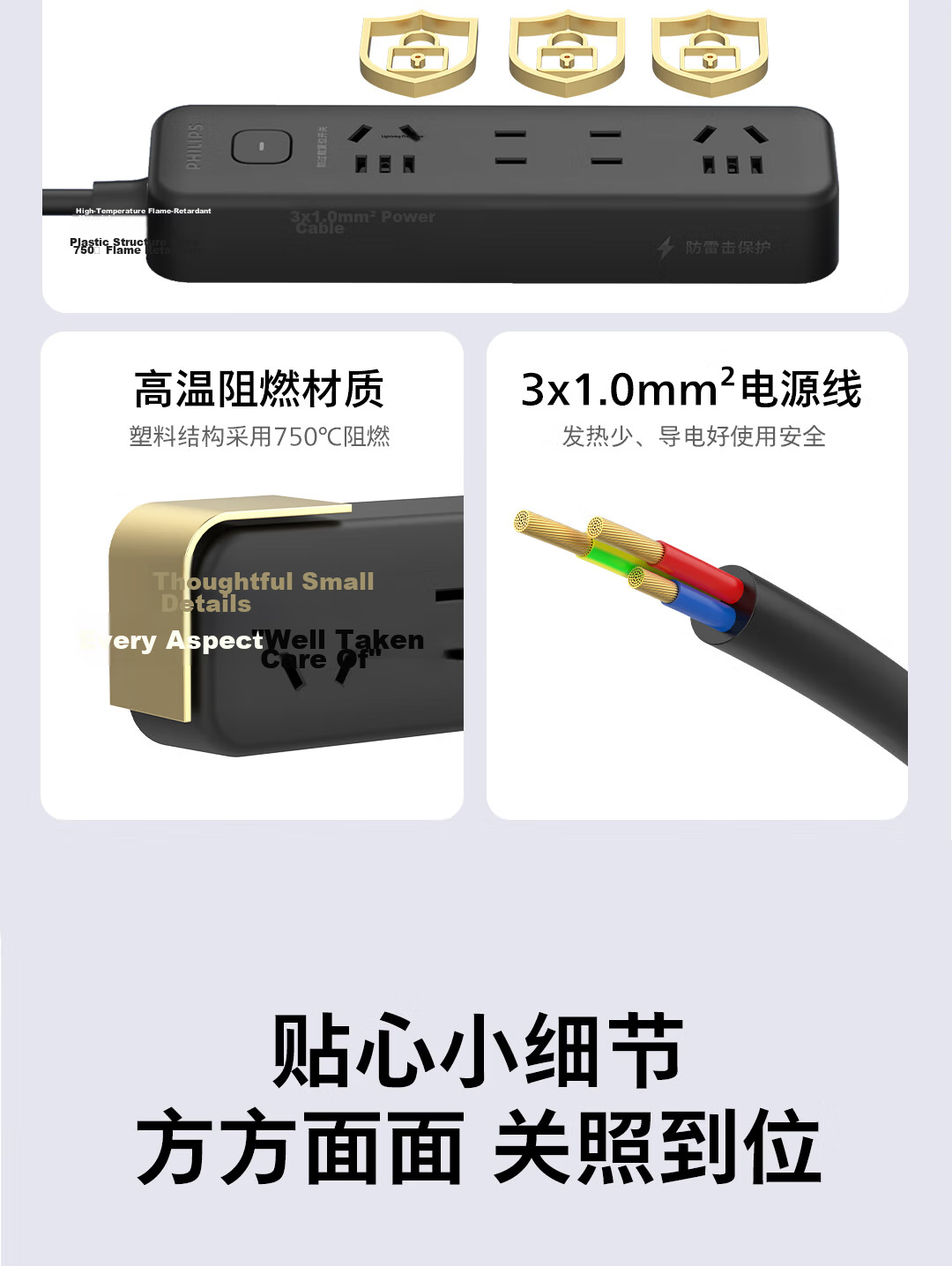 PHILIPS Surge Protector Power Strip 4 Outlets with Master Control 1m High Power Protection Extension Cord 13