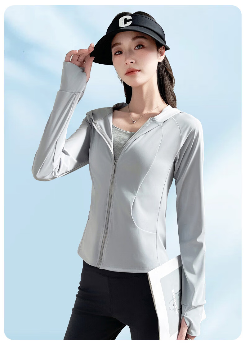 Langsha Women's Pocket Sunscreen Jacket Ice Silk Summer Slim Fit UV Protection Outdoor Hooded Cardigan Sunscreen Coat 26