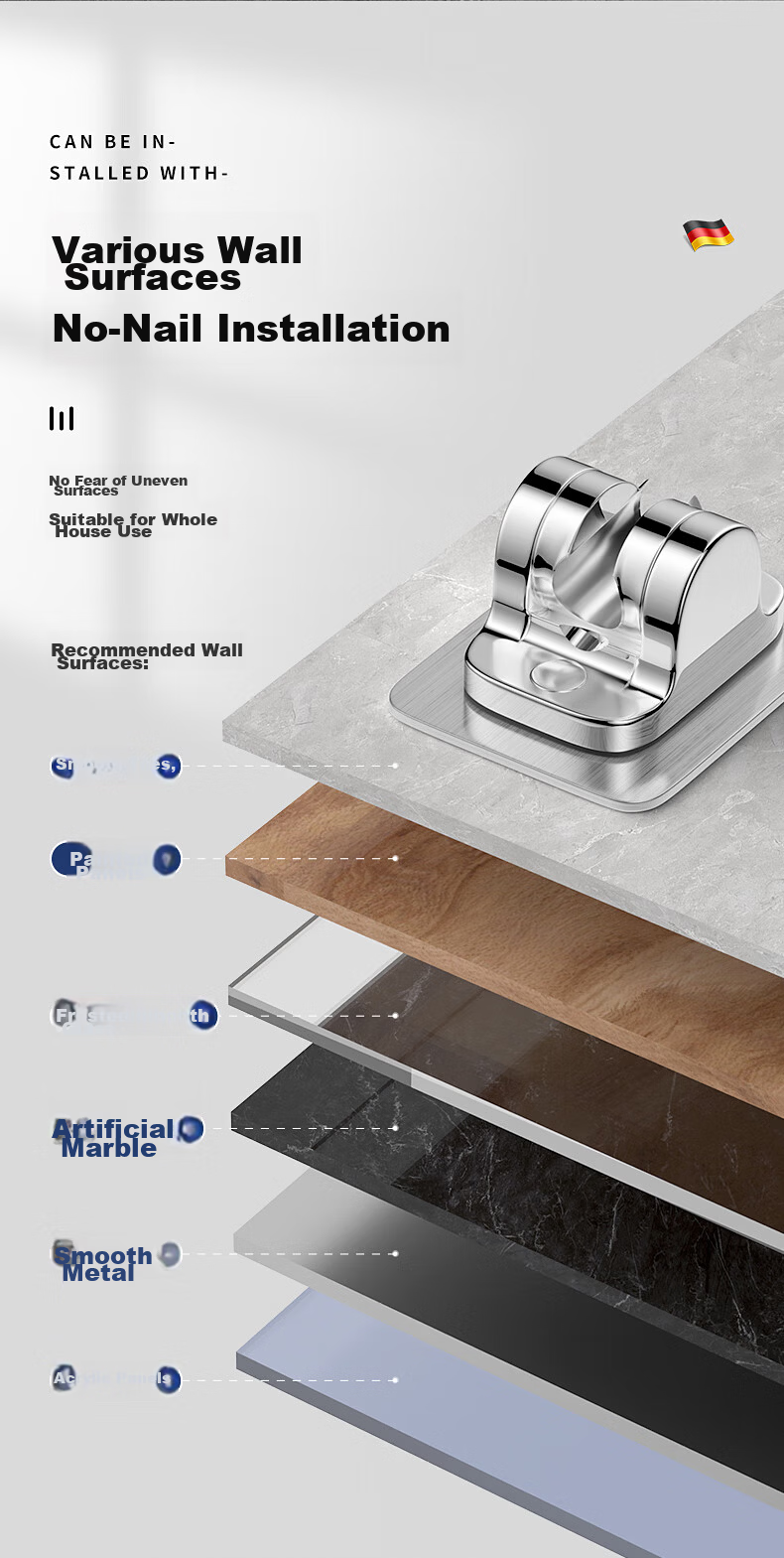 MuWei Shower Bracket No-Drill Shower Holder Shower Hose Base Bathroom Wall-Mounted Shower Head Bracket 10