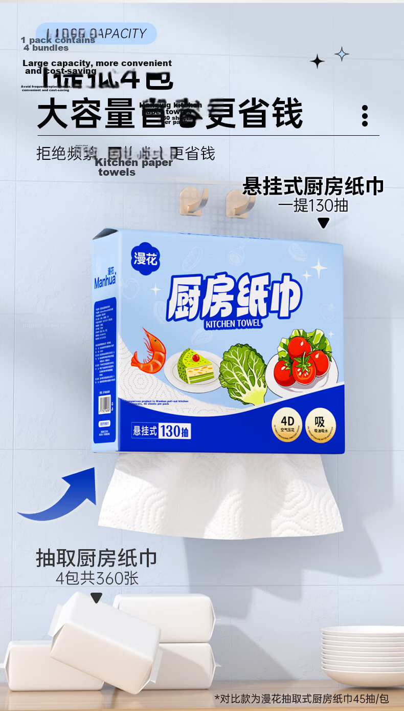 Manhua Kitchen Paper Towels, Hanging Dispenser, 130 Sheets*8 Packs, Wholesale Box, Oil-Absorbing, Water-Locking, Food Grade Kitchen Paper Towels 6