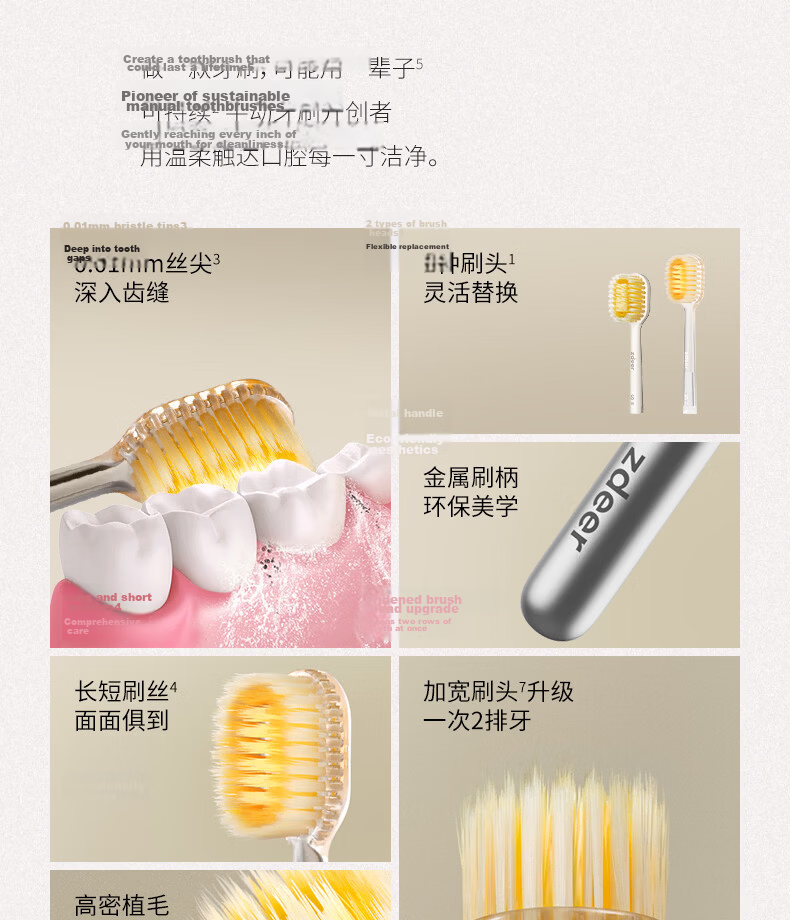 Zuodian Luxury Art Toothbrush with Replaceable Brush Heads, Wide Head Soft Bristles Gum Protection Original Brush Heads *3 5