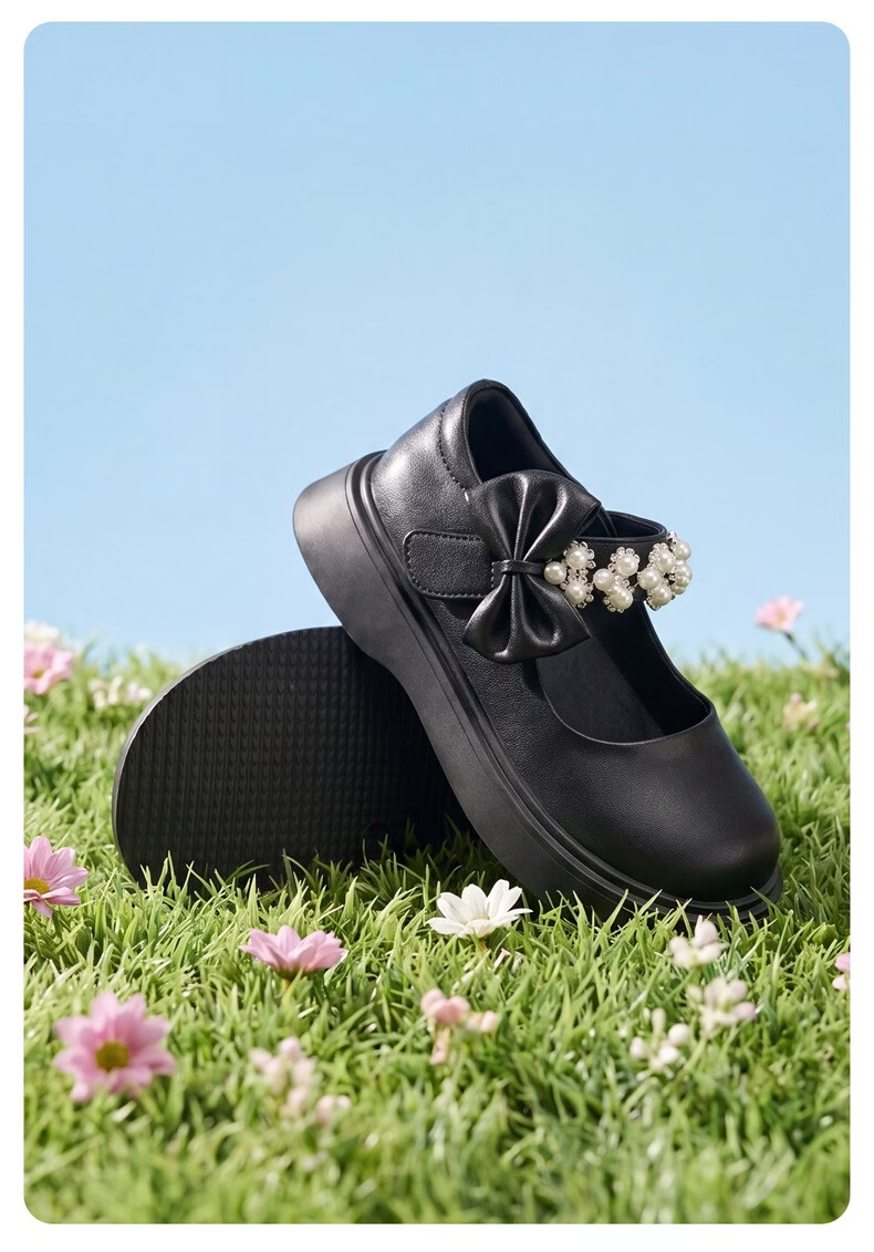Eierkang Girls Black Leather Classic Pearl Bow Princess Shoes Student Performance Soft Sole Flats Black Size 32 11