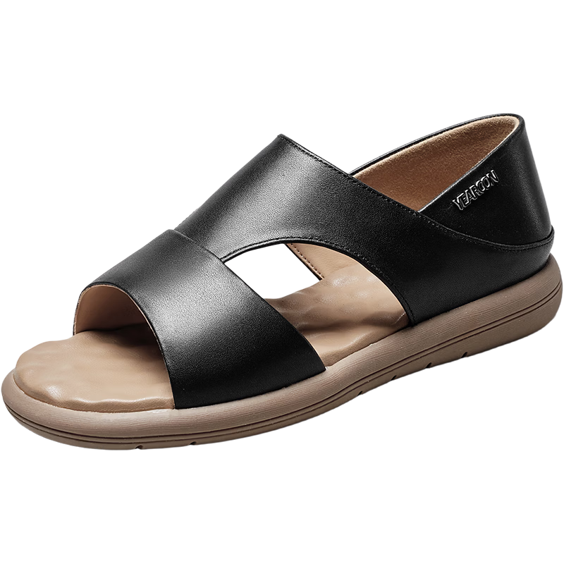 Eierkang Plus Size Women's Genuine Leather Soft Sole Mom Sandals Flat Comfortable Casual Sandals 27640W Black 35