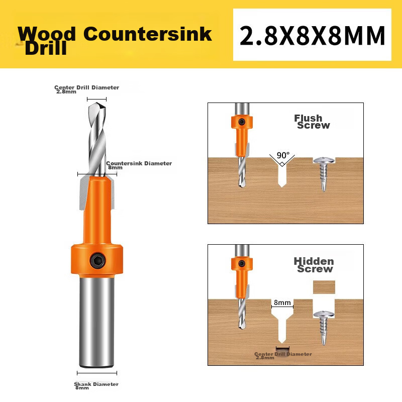 Yanran Woodworking Limited Depth Countersink Drill Bit Reamer Pilot Drill Bit [8*2.8mm] + 1pc 2.8mm Center Drill 1