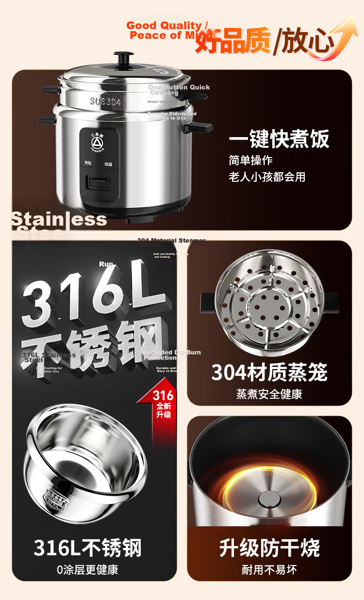 Triangle Rice Cooker Vintage 6L Large Capacity 5-8 Person Cooker 316 Stainless Steel Inner Pot with Steamer TG-Z60X17ZK 2